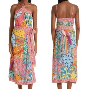 Farm Rio Summer Tapestry Tropical Halter Wrap Tie Dress